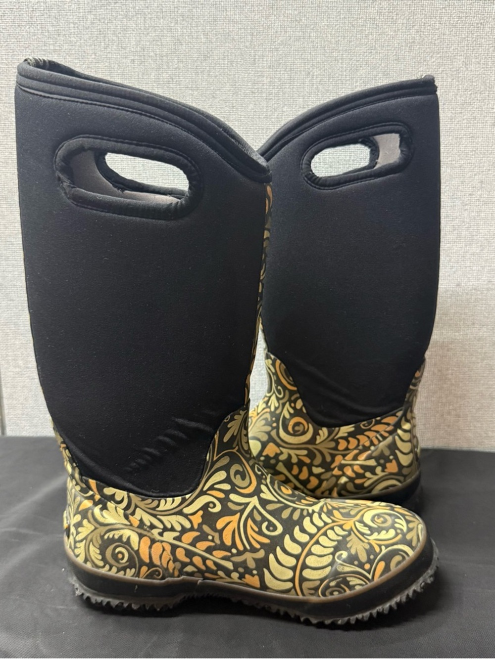 Bogs Black Tall Rain Boots with Olive and Gold Scroll Design - Picture 7 of 11